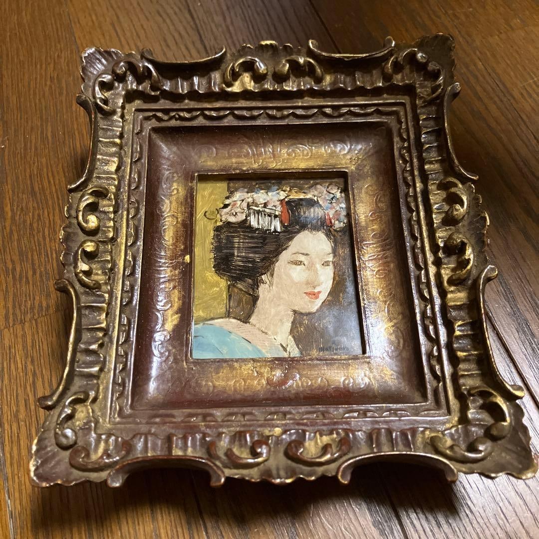 Matsuoka Kan'ichi, Glass Painting, Bijin-ga, Framed: This is a glass painting by Matsuoka Kanichi. This elegant artwork, depicting a beautiful woman reminiscent of a geisha, features a gold leaf background and the unique sheen of glass, making it a trul