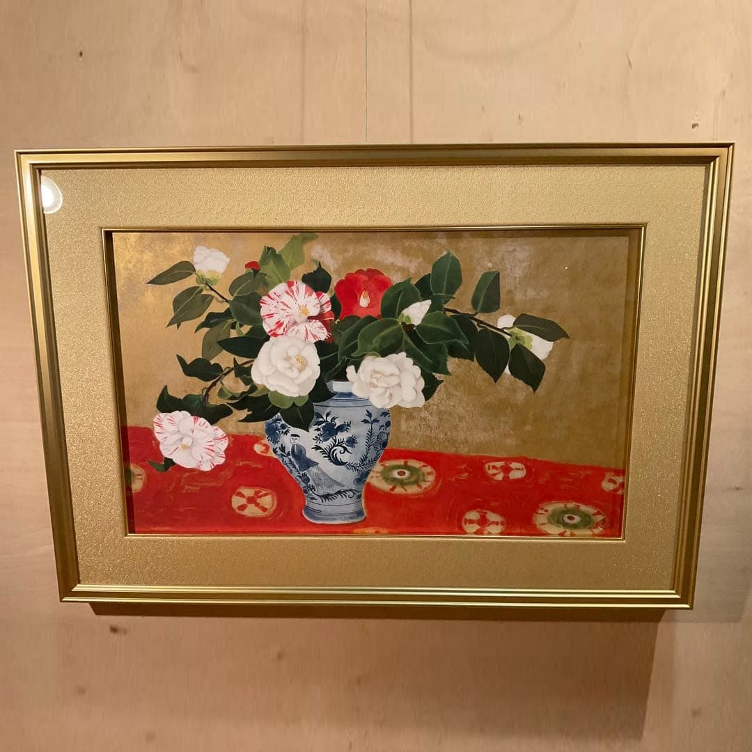 Ogura Yuki "Tsubaki" Saibi Edition with Certificate of Authenticity Seal Present: Artist: Ogura Yuki (Title of Work) Camellia (Technique) Ayumi Edition (Dimensions) Frame Size: 83.5 cm (Width) x 58 cm (Height) (Condition) Artwork is in good condition. Frame has some minor scratches