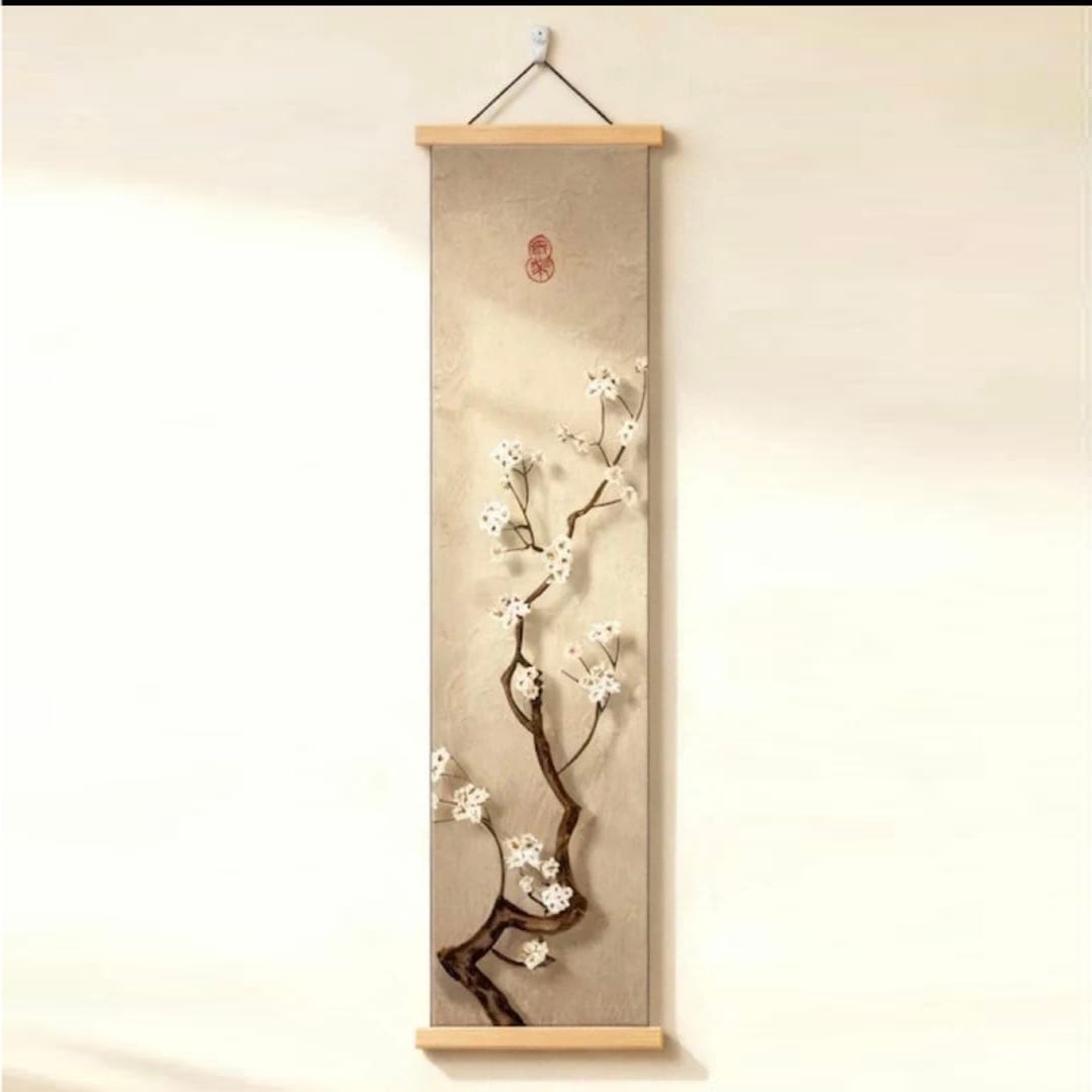 Sakura Pattern Japanese Modern Tapestry, Scroll Style: This is a Japanese-style modern hanging scroll artwork with a cherry blossom theme. This piece features a three-dimensional design and soft colors, creating a tranquil atmosphere simply by being place