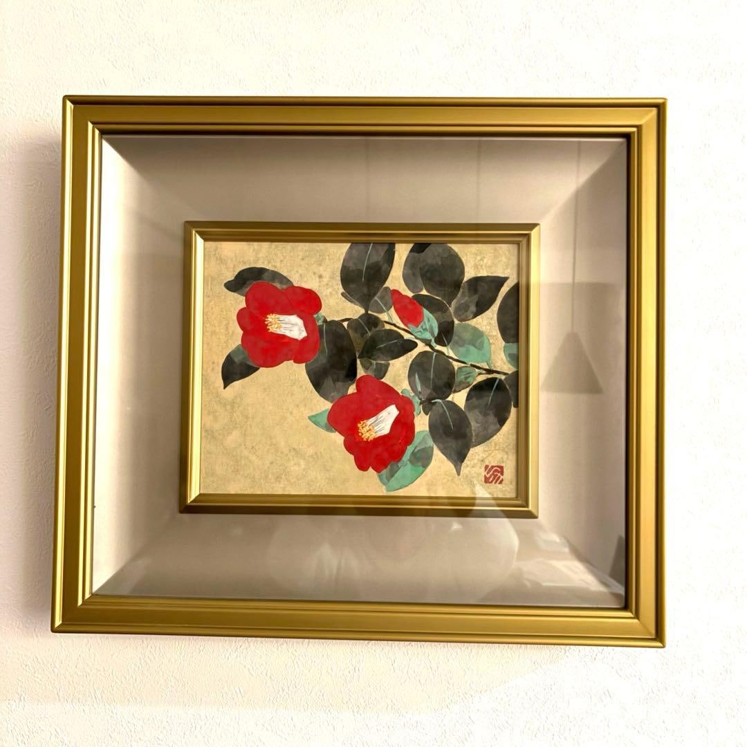 Nakamachi Chikara "Tsubaki" Nihonga Painting F3 Size Framed with Tomobako: This artwork features a striking contrast between the vivid red camellias and the soft color of the leaves, embodying a distinct Japanese modern style. The piece is mounted in a high-quality three-dim
