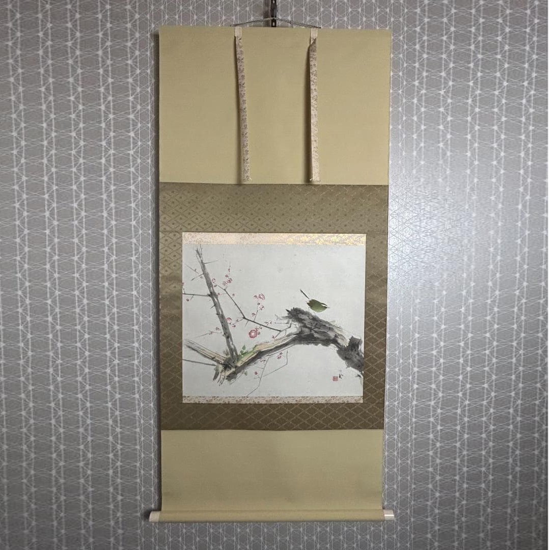 Takeuchi Seiho, "Plum Blossoms and Warbler," hand-painted on paper, hanging scroll, Otsuka Kogei (1 of 10)
