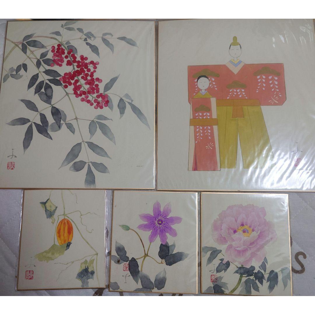 Murakami Midori, shikishi (decorative paperboard), Junshoan, hina, flowers, Japanese painting.: Murakami Midori, shikishi (decorative paperboard), Sunshoan, hina, flowers, Japanese painting Colored paper x 2 Sunshoan x 3 Total of 5 items Purchased from a department store. All are handwritten. Ke
