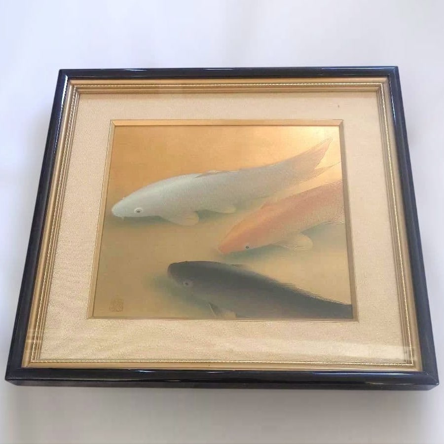 Miyakoshi Homei, Sanbiki Koi, Painting: Miyakoshi Homei, Sanbiki Koi, Painting Metal Engraving and Kaga Gold Leaf Cloisonne Miyakoshi Homei, "Sanbiki Koi" Frame Dimensions Image Size: Height 36.0 cm, Width 40.0 cm Frame Size: Height 56.0 cm