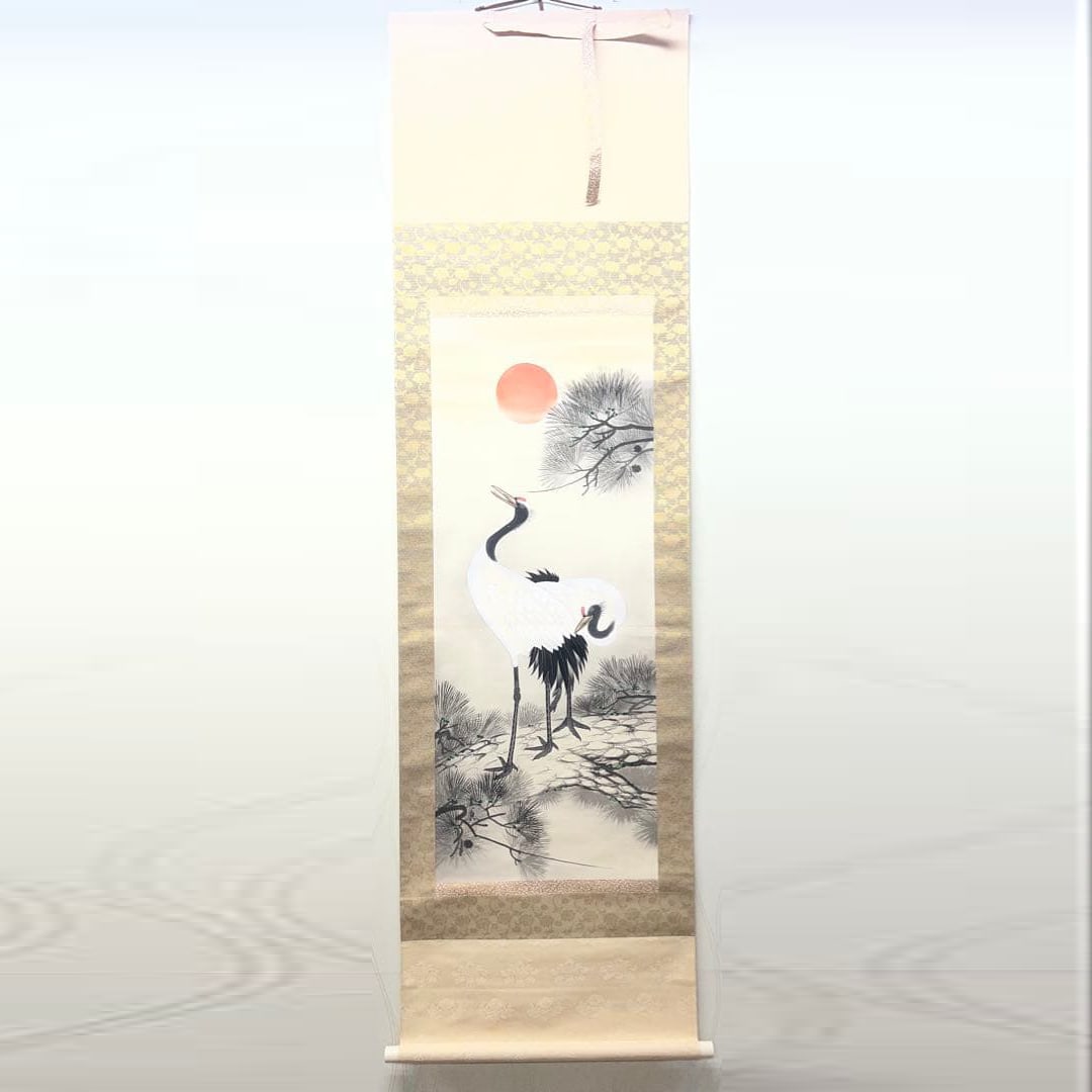 Hanging scroll, Japanese painting, cranes, pine, sunrise, auspicious motifs, hand-painted on silk. (1 of 6)