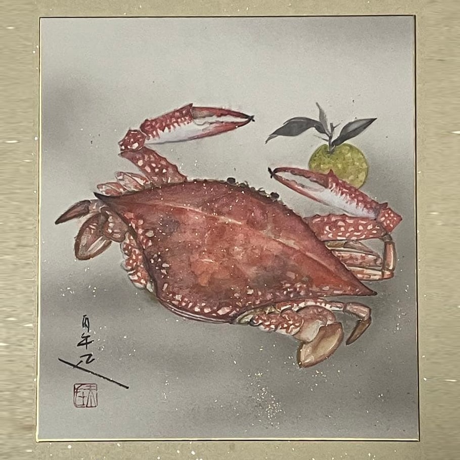 Boiled Swimming Crab and Pomelo, Ink Painting, Hand-painted: Ink Painting, Boiled Crab and Yuzu, Hand-painted on Colored Paper (Square Cardboard). Technique: Ink Painting Theme: Crab and Yuzu Color Scheme: Vermilion and Yellow-Green