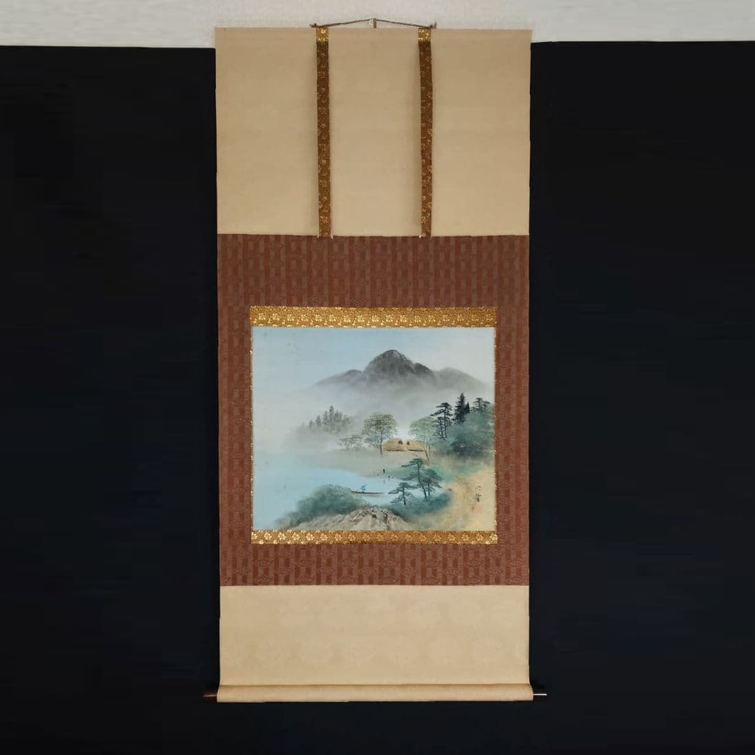 Kakejiku by Imamura Taisei, Landscape of Mountain Village: Artist Name: Imamura Taisetsu Title: Mountain Village Landscape Height 137.5 cm, Width 64.5 cm This is a highly evocative painting that perfectly captures the tranquil and harmonious atmosphere of a m