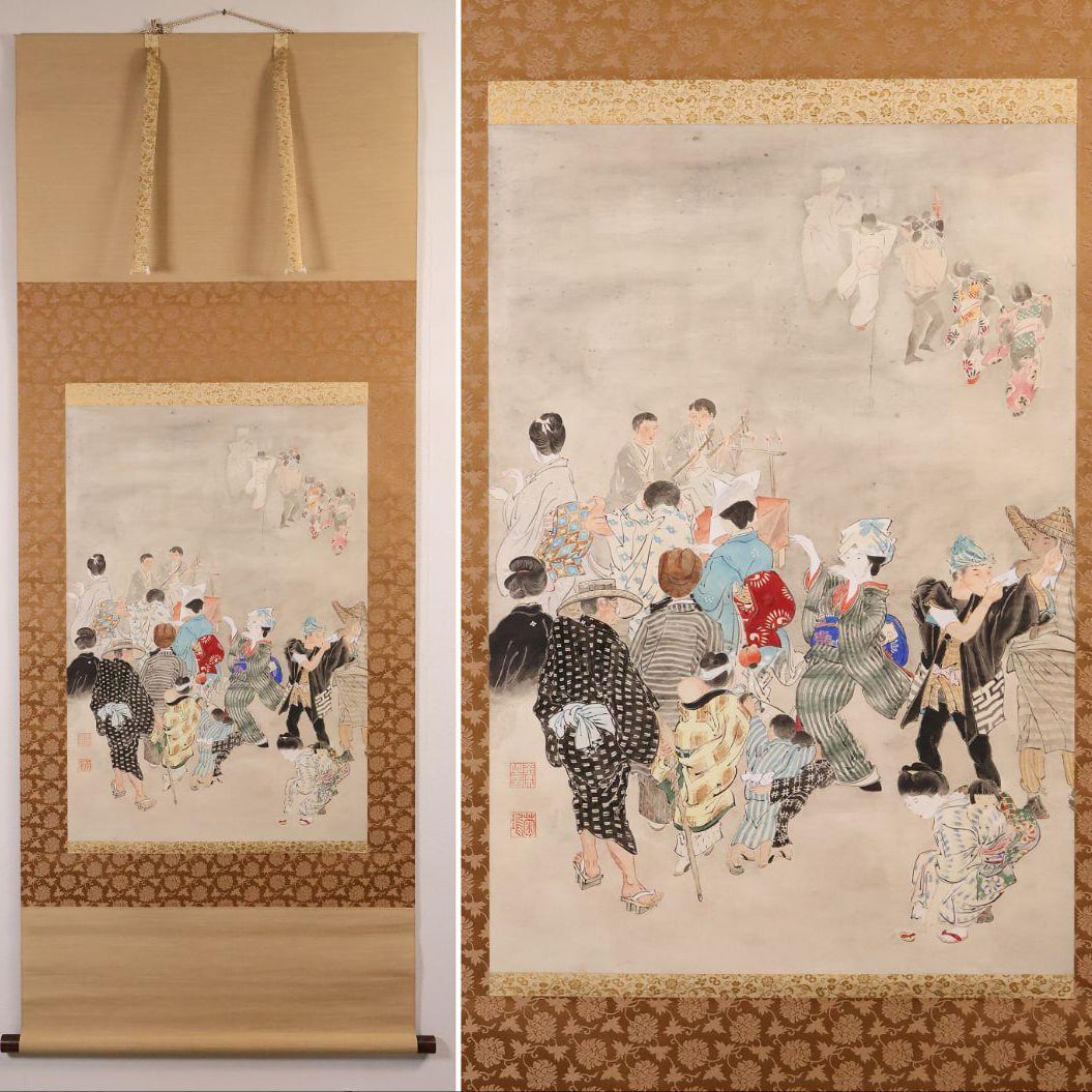 Japanese painting, signed "Kiku", depicting a dance parade, handscroll, festival, Taisho/Showa (1 of 20)