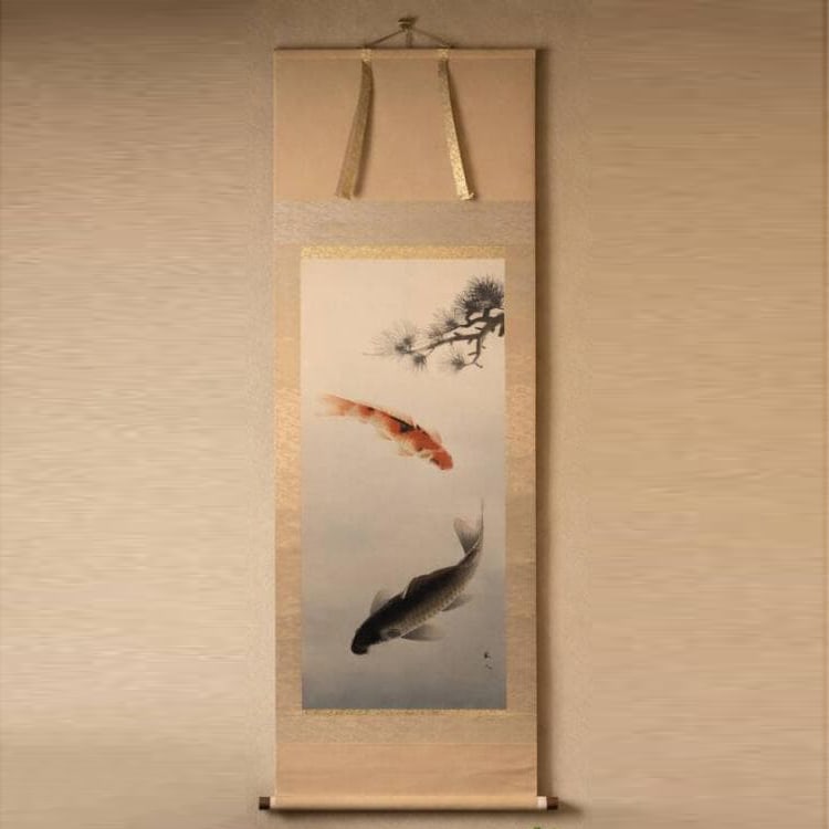 Kakejiku: Shoka Yuri-zu - A serene Japanese painting depicting two koi fish. (1 of 7)