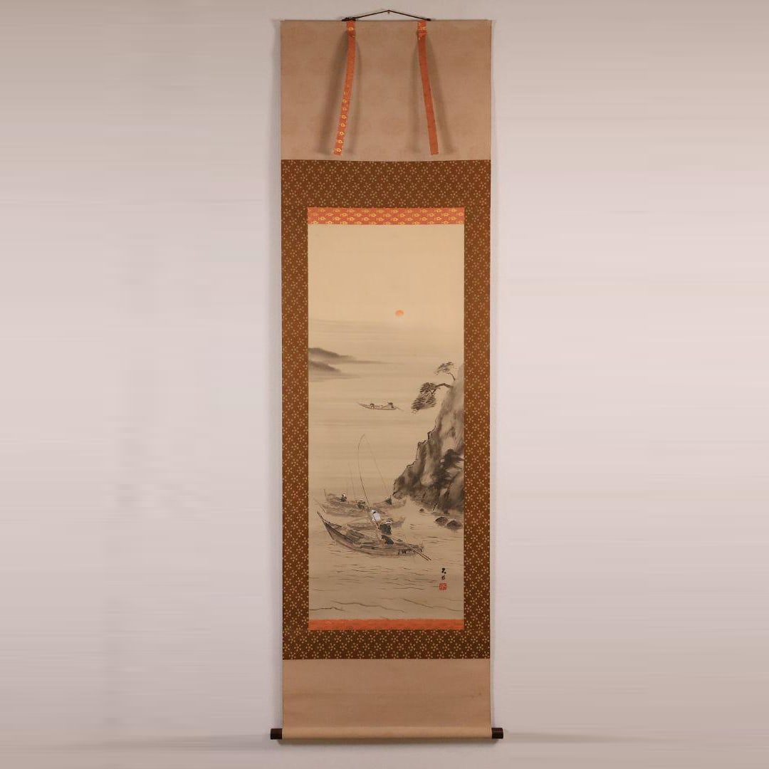 Nihonga by Hasegawa Sekkon, "Fishing Scene," silk scroll, with tomobako, Meiji 39 (1906), Mie (1 of 20)