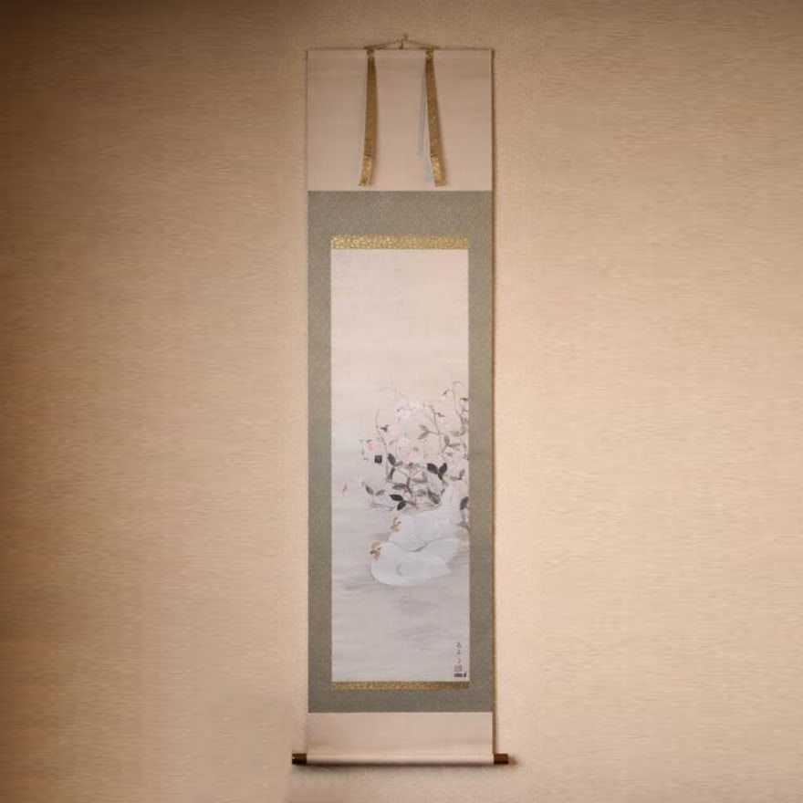 Hanging Scroll: Spring Play with Two Chickens, White Chickens Resting in the Garden, Boxed (1 of 10)