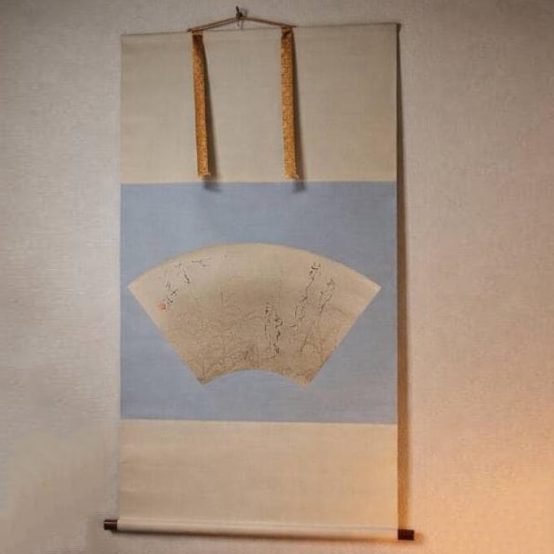 Waka, fan-shaped, autumn grass motif hanging scroll, calligraphy and painting, antique artwork. (1 of 9)