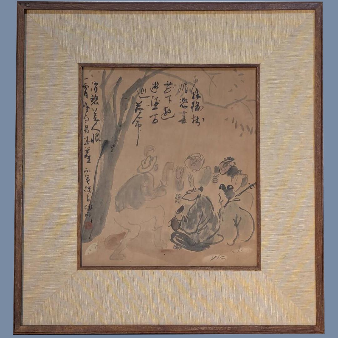 Japanese shikishi painting, lively banquet, literati ink painting: Japanese shikishi painting, lively banquet, literati ink painting Frame dimensions: approximately 41 x 44 cm Artwork dimensions: approximately 24 x 27 cm Glass panel not included. There is a scratch o