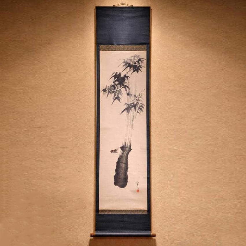 Hanging Scroll: Ink Bamboo and Sparrow Painting, Signed and Sealed, Elegant Ink Expression, Nihonga: Hanging Scroll: Ink Bamboo and Sparrow Painting, Signed and Sealed, Elegant Ink Expression, Nihonga Overall Dimensions (including roller ends): Approximately 45 x 203 cm Paper Dimensions: Approximatel