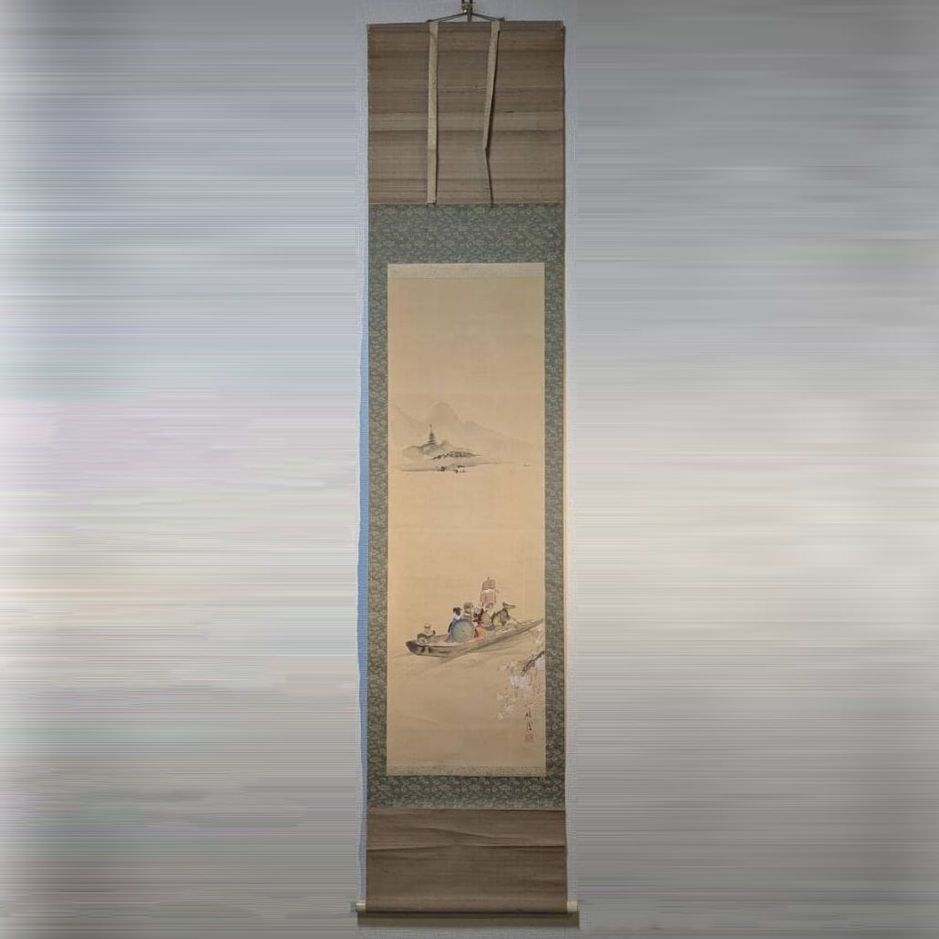 Hanging Scroll: Boating Scene, depicting a boat on a river in spring.: Hanging Scroll: Boating Scene, depicting a spring day on the river with cherry blossoms in full bloom, a beautiful Japanese painting Mounting dimensions (including roller ends) approximately 47 x 192 