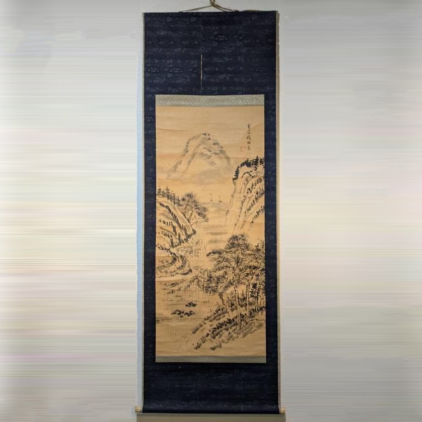 Hanging scroll, depicting the outlines of boats in a valley, ink painting.: Hanging scroll, depicting the outlines of boats in a valley, ink painting, serene waterside landscape Mounting dimensions (including roller ends): approximately 73 x 195 cm Paper dimensions: approxima