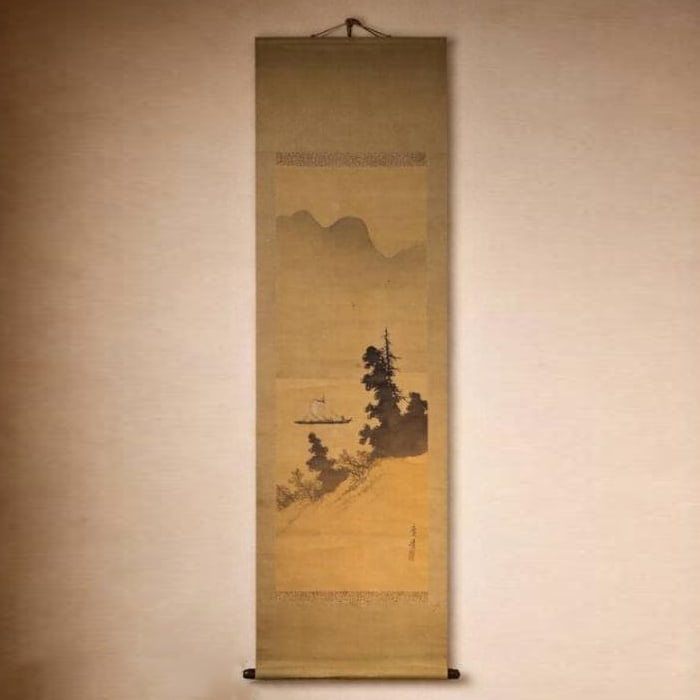 Kakejiku by Mori Koryo: Ink Landscape of Sailing Boat Scene on a Tranquil Lakeside: Mori Koryo Meiji 7 (1874) - Taisho 10 (1921). His given name was Ren, and his original surname was Nakajima. A Nanshu school painter from Maebashi City. Son of Mori Kagan. He initially studied under h