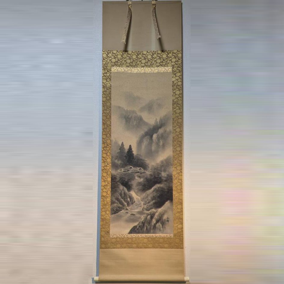 Ink and wash landscape hanging scroll, depicting mountain stream, thatched cottage scenery, mounted (1 of 8)