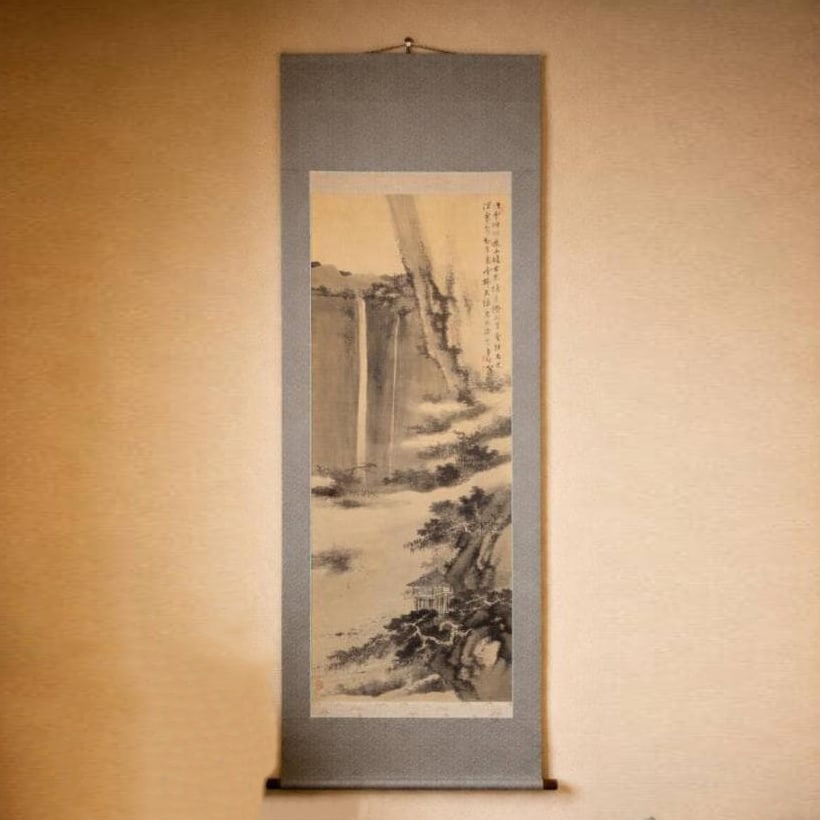 Hanging Scroll: Ink Landscape Painting, Waterfall Scene, Pavilion in Xuanxia, with Box (1 of 10)