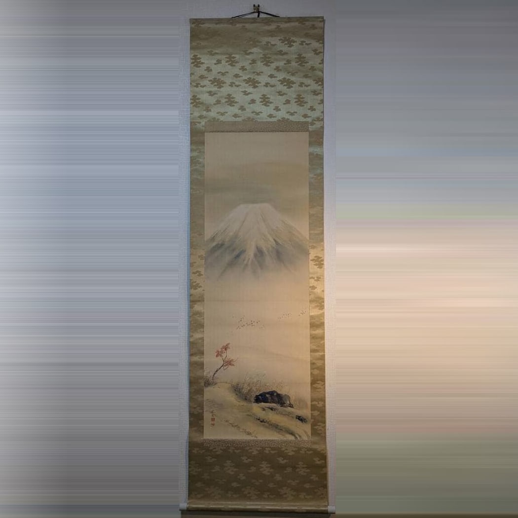 Hanging Scroll: Snowy Mount Fuji, Ink and Light Color Landscape Painting: Hanging Scroll: Snowy Mount Fuji, Ink and Light Color Landscape Painting Mounting Dimensions (including roller ends): approximately 59 x 194 cm Paper Dimensions: approximately 42 x 121 cm