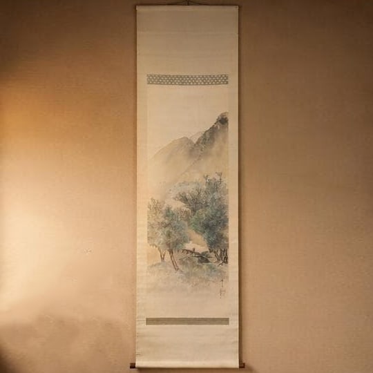 Hanging Scroll: Ancient Path by the Water with Distant Mountains; Tranquil Landscape Hanging Scroll (1 of 8)