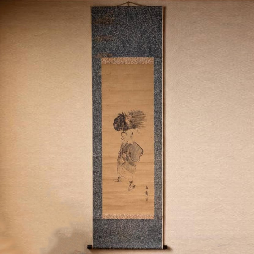 Edo Period Genre Hanging Scroll: Woman Carrying Firewood, Ink Figure Painting: Edo Period Genre Hanging Scroll: Woman Carrying Firewood, Ink Figure Painting Mounting Dimensions (including roller ends): approximately 46 x 164 cm Paper Dimensions: approximately 39 x 102 cm Exhibit