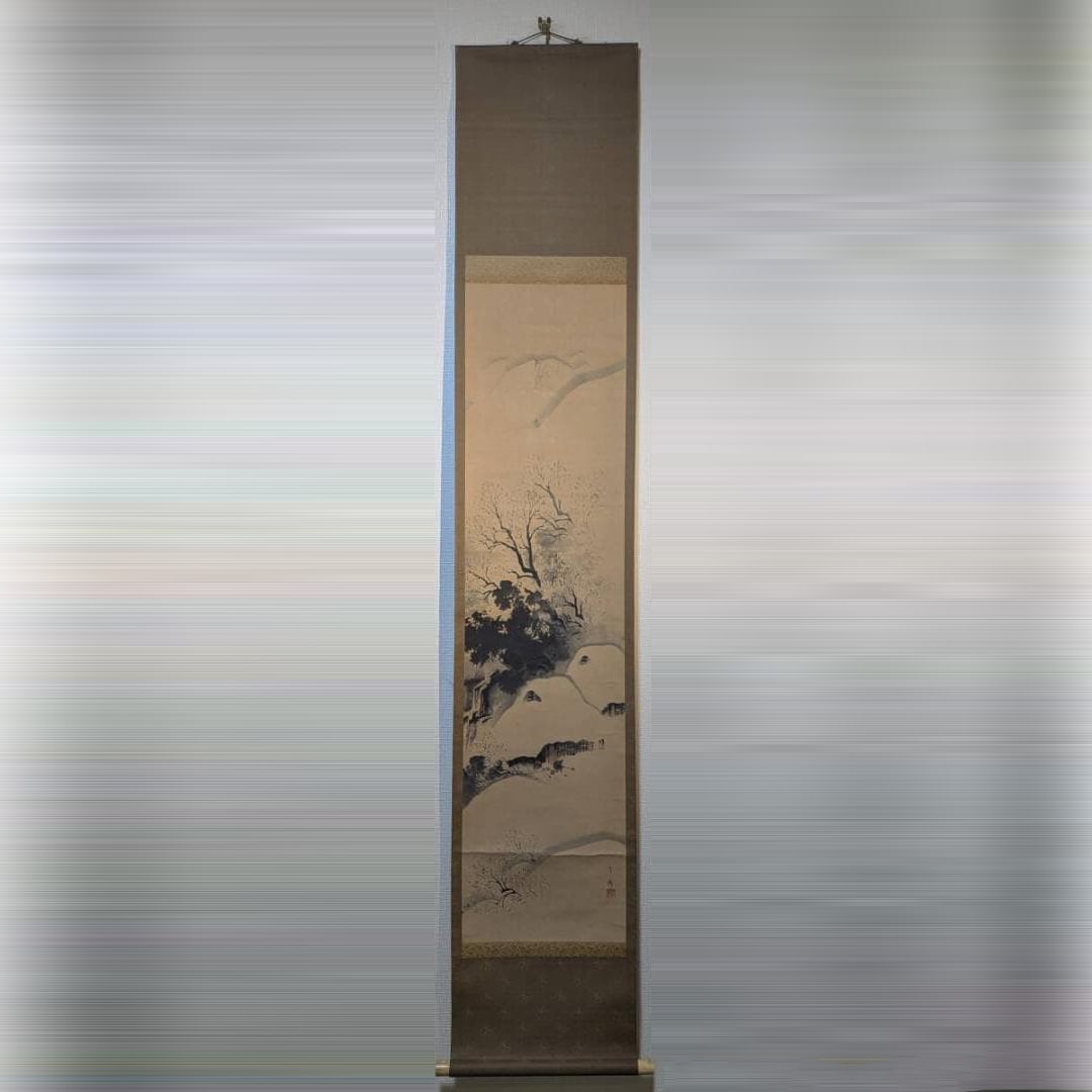 Hanging Scroll, Snowy Landscape Painting: Hanging Scroll, Snowy Landscape Painting, Ink and Light Colors, Ancient Painting, Antique, House in Snow Mounting Dimensions (including roller ends) approximately 42 x 203 cm Paper Dimensions: approxi