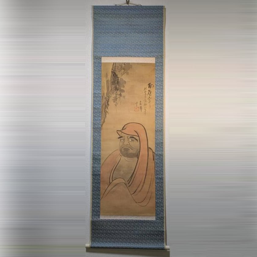 Hanging Scroll of Zen Painting of Bodhidharma, Accompanied by an Exquisite Box: Hanging Scroll of Zen Painting of Bodhidharma, Accompanied by an Exquisite Box Mounting Dimensions (including roller ends): approximately 61 x 184 cm Paper Dimensions: approximately 41 x 116 cm