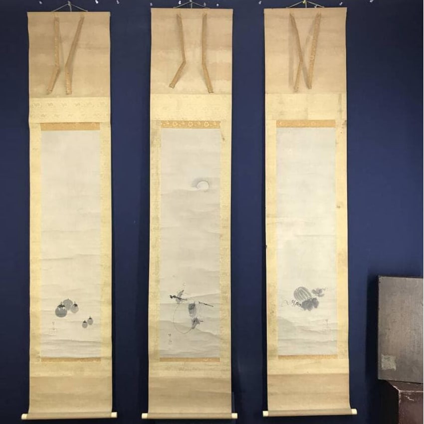 Authentic Work / Shokado Shojo / Tsukimi Hotei / Vegetable Motif / Set of Three Hanging Scrolls / (1 of 10)