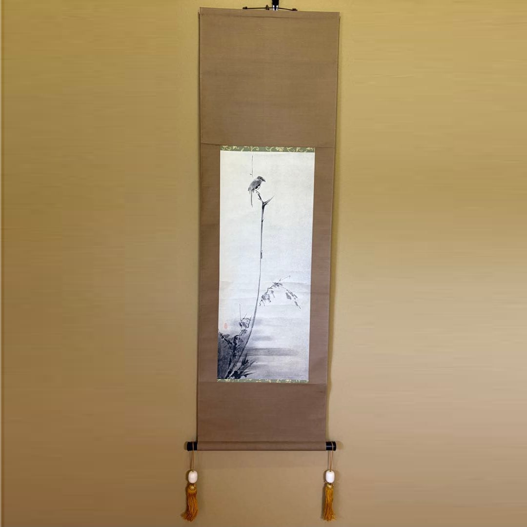 Miyamoto Musashi, Painting of a Shrike on a Withered Tree, with Decorative Box, Hanging Scroll: This is a hanging scroll painting by Miyamoto Musashi, depicting a shrike calling on a withered tree. No visible scratches or stains. Dimensions Mounting size: 1370 mm (height) x 415 mm (width) Painti