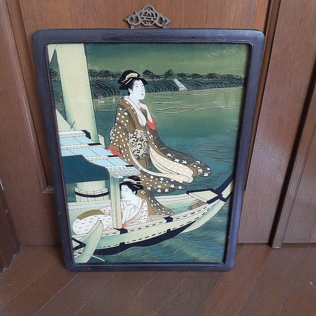 Antique Glass Painting, Japanese Painting: Antique Glass Painting, Japanese Painting 59 cm x 43 cm All items are handcrafted. The wooden frame and fixed back panel components are also made of wood. The beautiful green background makes it parti