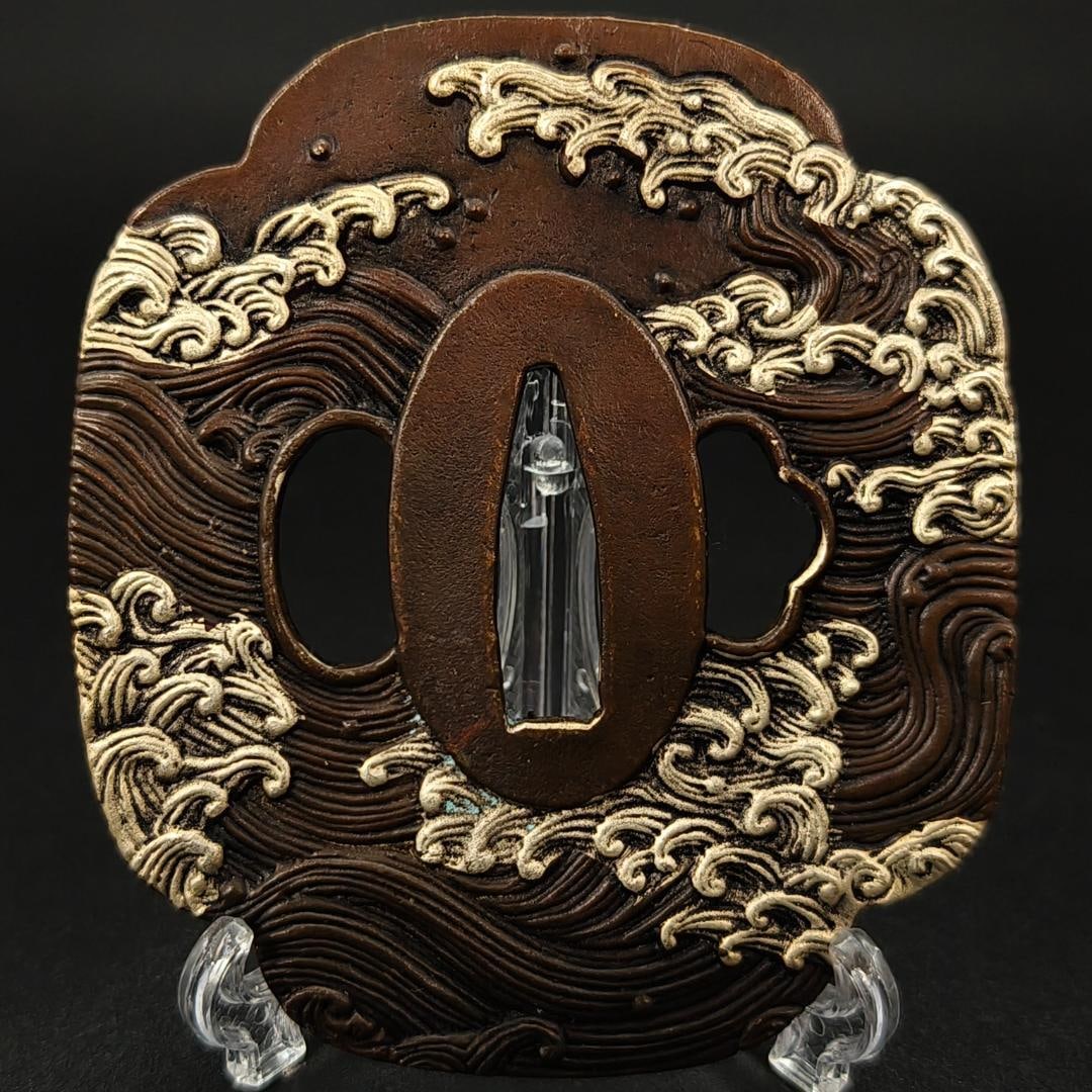 Tsuba with Sea Wave Design, Bronze (1 of 6)