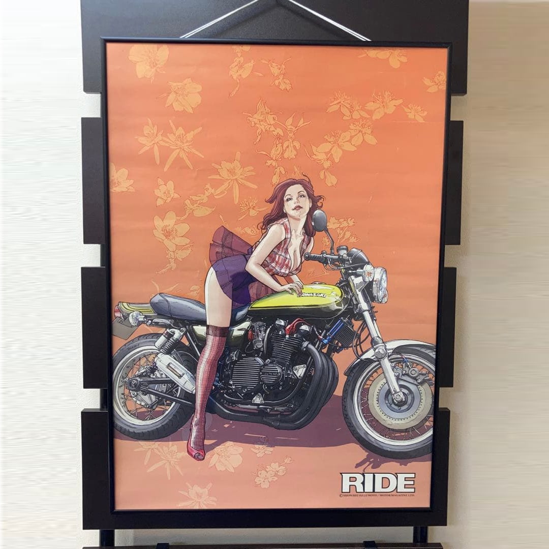 Higashimoto Shohei "RIDE" Poster B2 Motorcycle Magazine Kawasaki: Title: "RIDE" Illustration: Higashimoto Shohei Model: Kawasaki Publisher: Motorcycle Magazine Size: B2
