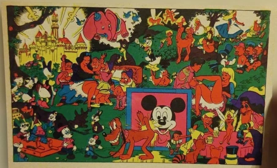 Disneyland Commemorative Carnival Psychedelic Mini Poster: The Disneyland Memorial Orgy Psychedelic Poster 1970s Dimensions approximately 61cm x 94cm The Disneyland Memorial Orgy "GOD IS DEAD" After the death of Walt Disney, the creator of Disney characters w