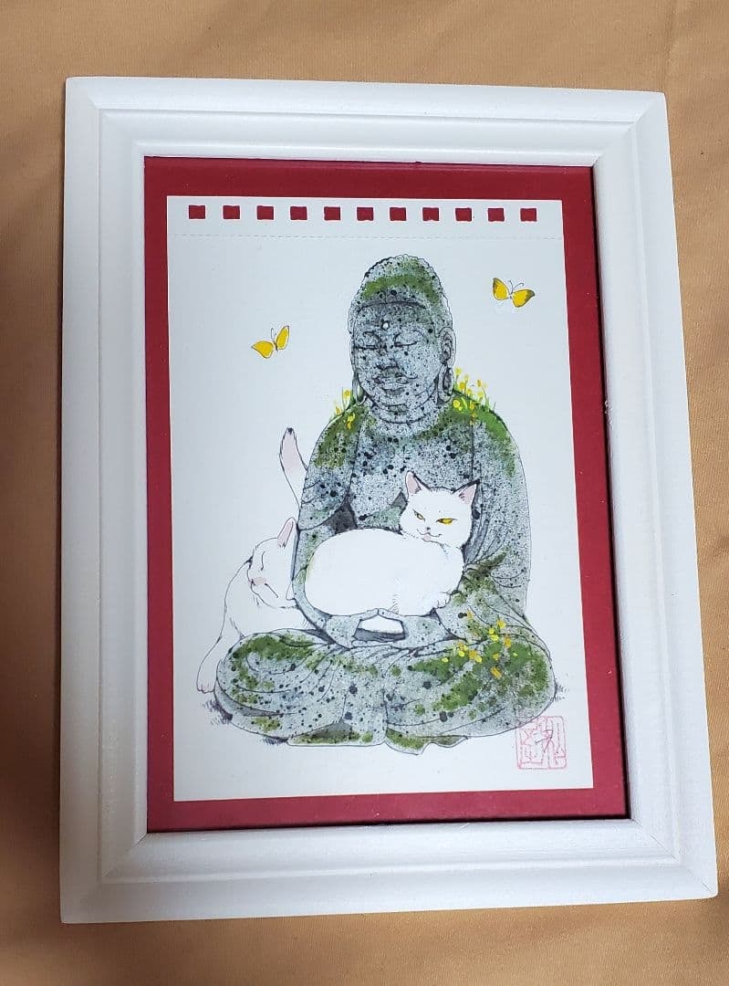 Stone Buddha Cat by Kaworu Watashiya (Watashiya Kaoru) Original Illustration Kodomo no Jikan (A: This original illustration by the artist Shioku Kaoru was acquired by the consignor through a lottery at Nekomanten in 2015. It has been preserved in a dark place. Dimensions: approximately 21 cm in h