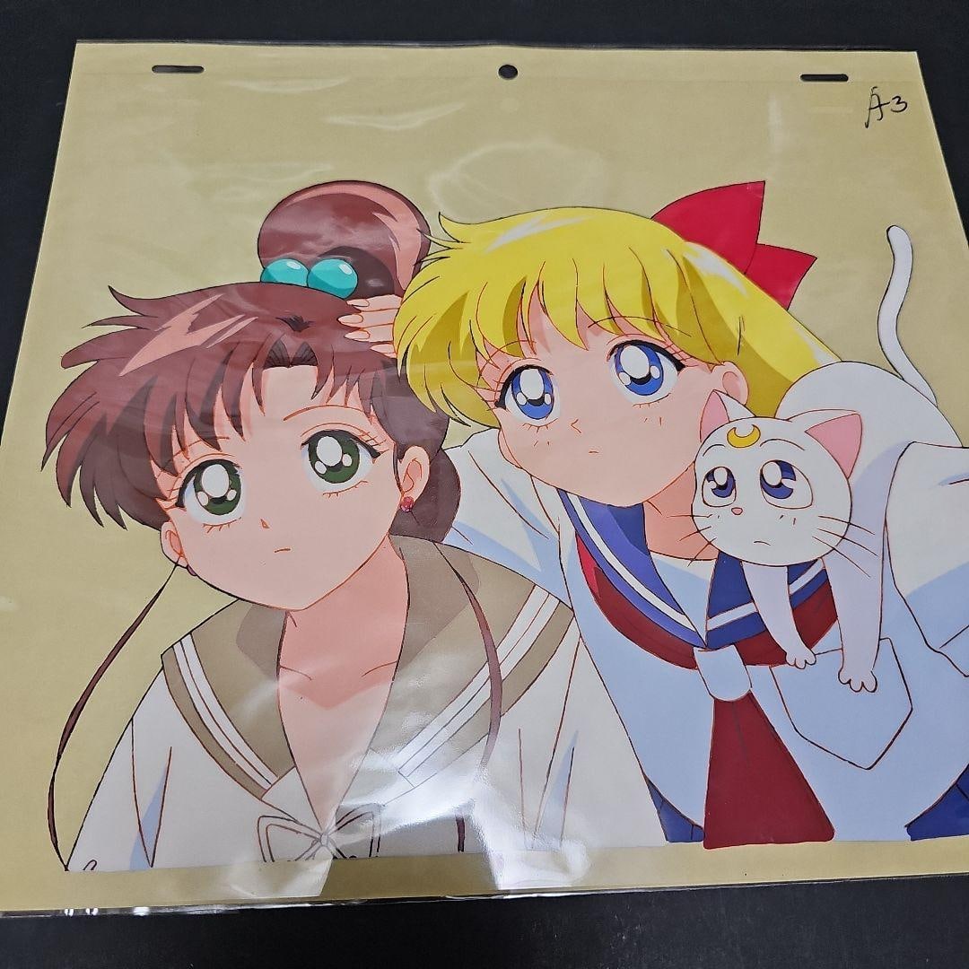 Sailor Moon Sailor Moon Kino Makoto + Aino Minako & Artemis cel painting: Cel animation used in television animation. It is 30 years old, but remains in good condition.
