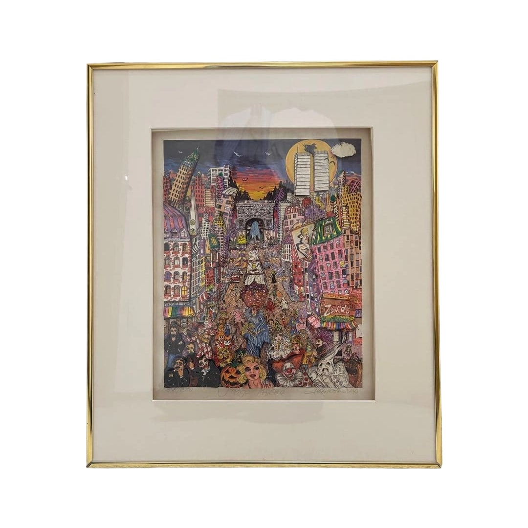 Charles Fazzino "Village Parade" 3D artwork: Created by Charles Fazzino, the 3D construction artwork "Village Parade" features intricate layering. The work depicts the World Trade Center buildings and is extremely valuable. This piece was purcha