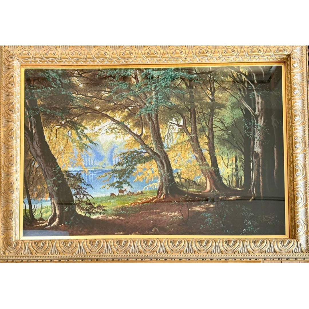 Persian Carpet Wall Hanging Art Landscape Painting with Decorative Frame and Dedicated Box: A high-grade Persian traditional handmade carpet, crafted by artisans over several months, acclaimed as a fine art piece of "The Art of Carpets." A large landscape painting depicting autumn scenery wi