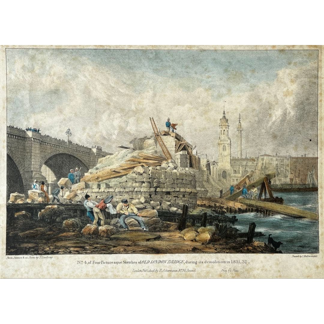 1830s British Antique Print Copperplate Engraving: Antique British Print from the 1830s "Four Views of the Old London Bridge Sketches No.4" This is an antique print created around 1831-32, depicting the scenery of the old London Bridge. The delicate l