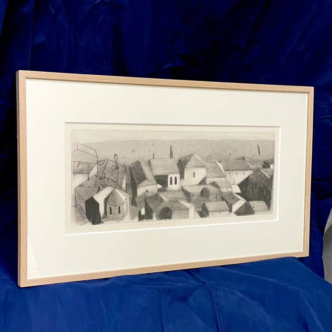Yukihiro Abe, "La Poblacion," copperplate engraving, limited edition of 10, Spanish landscape.: Artist Name: Abe Yukihiro Artwork Title: La poblacion Framed Dimensions: 43.5cm x 78cm Edition Number: Limited to 10 copies Biography Born in 1951 in Iwaki City, Fukushima Prefecture. In 1967, studied