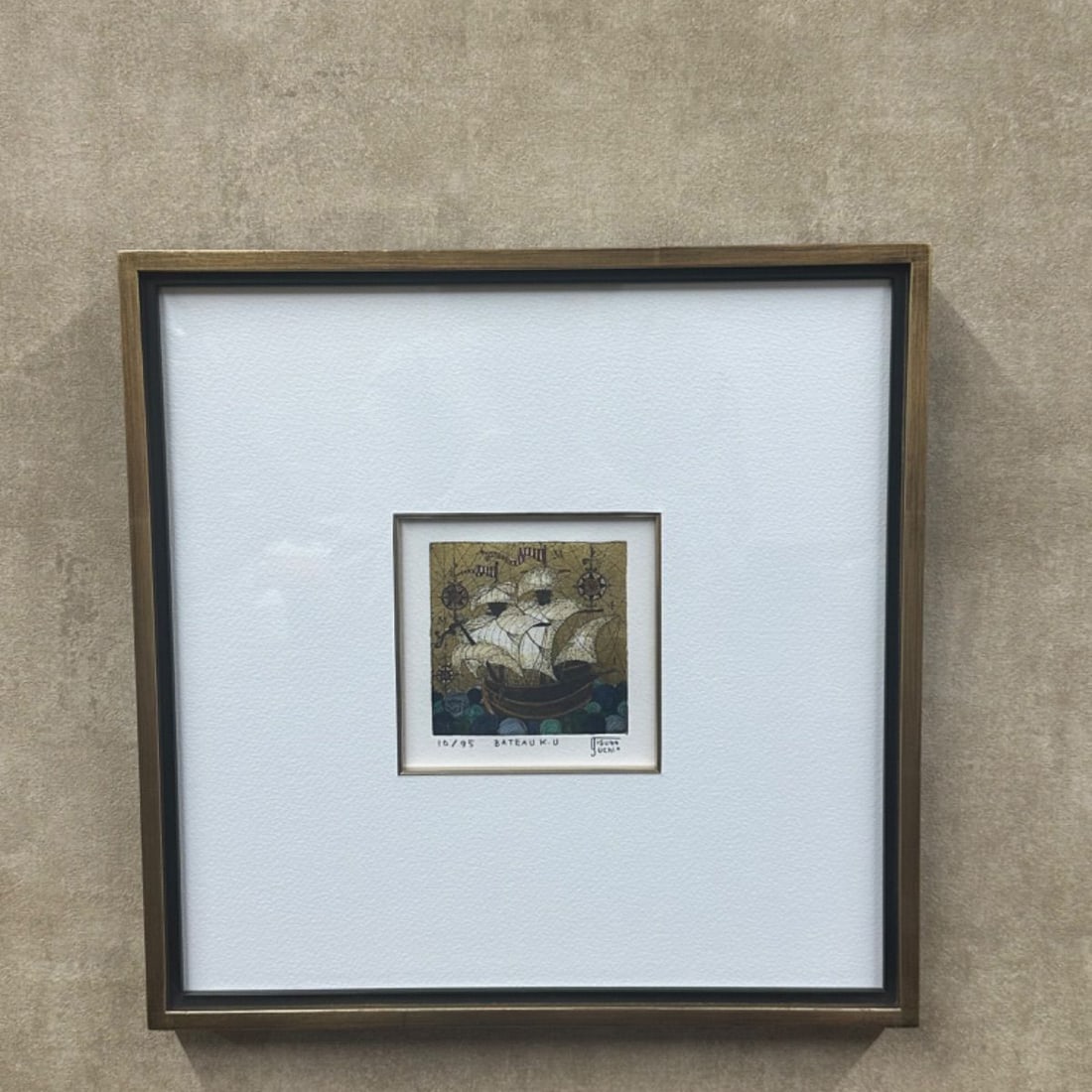 Yoshiko Tsubouchi, "BATEAU K.U", etching with gold leaf, artist's signature.: Artist: Yoshiko Tsubouchi Title: BATEAU K.U Technique: Etching with Gold Leaf Edition Number: 10/95 Signature: Hand-signed by the Artist Framed Dimensions: 31.5H x 31.5W cm Image Dimensions: 8H x 8W c