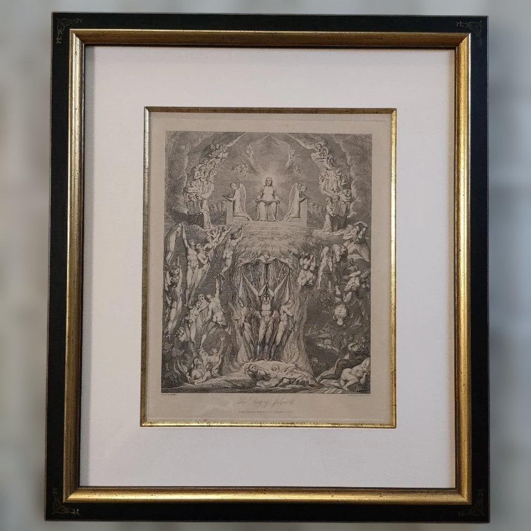 William Blake, large copper engraving "The Day of Judgment," created in 1813, accompanied by: William Blake's large copper engraving "The Day of Judgment," created in 1813, accompanied by ginger-colored fabric and original box, mounted with acrylic board. Dimensions: frame 46x54x3 cm, artwork 