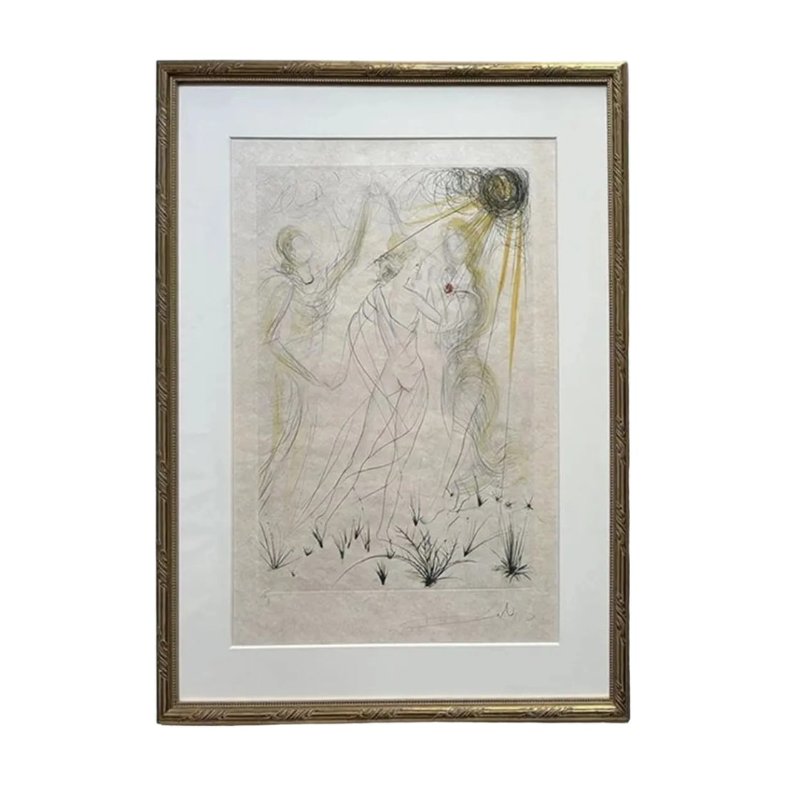 Salvador Dali print "New Mythology: Spring" with frame.: Salvador Dali, "New Mythologies: Spring" Artwork Information Created in 1971, etching, image dimensions: 59 x 39 cm, frame dimensions: 91 x 68 cm, edition EA, with autograph signature, printed on wash