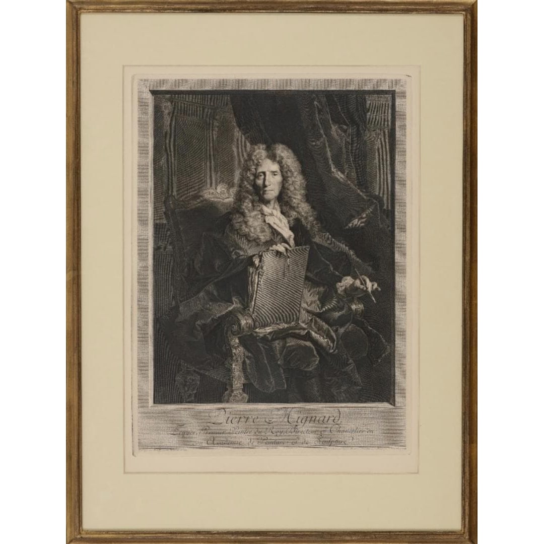 Official Commemorative Etching of the King of the Art World during the Reign of Louis XIV, Framed: Pierre Mignard (1612-1695) was a representative court painter of the Louis XIV era. In his later years, he served as the president of the Royal Academy of Painting and Sculpture and as the "First Pain