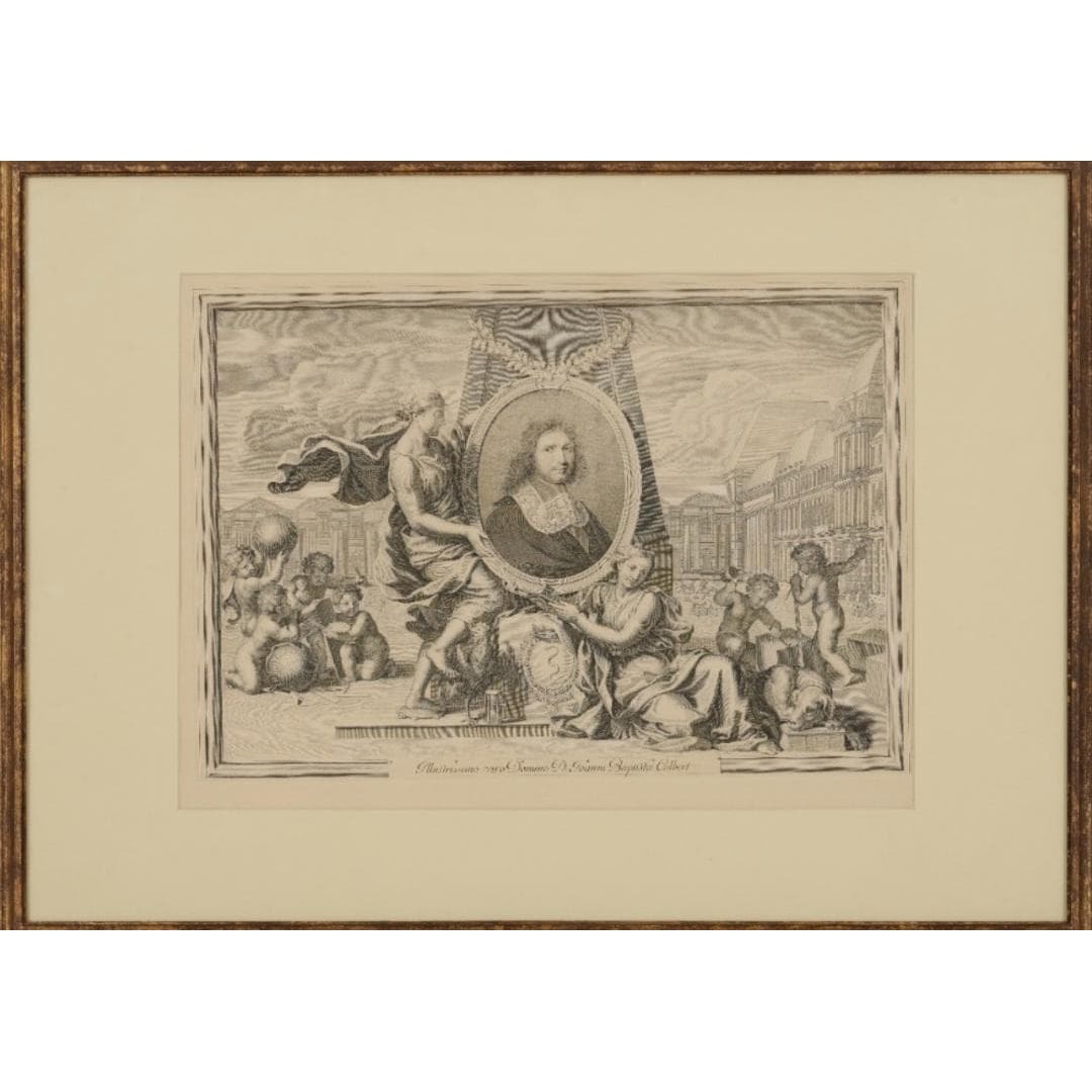 Robert Nanteuil Portrait of Jean-Baptiste Colbert Large Etching, Framed: This portrait originates from the French Golden Age, 350 years ago. Characteristics of this work: In fact, this is not merely a portrait. The background is configured with: Obelisk, Palace Architectur