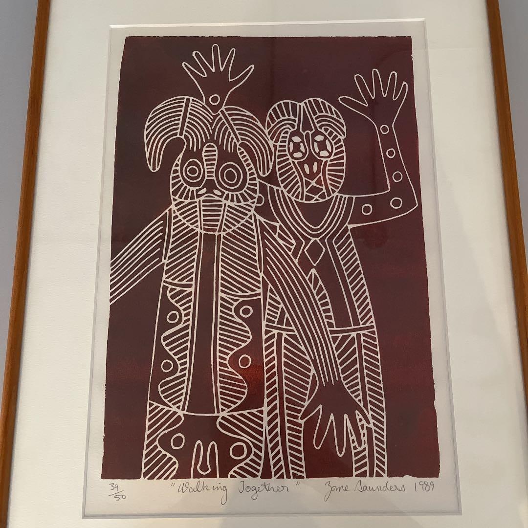 Zane Saunders (Zan Sondazu) Aboriginal Artist Joint Walk: Zane Saunders 1989 Print 39/50 Frame dimensions: 47 x 62 cm Artwork dimensions: 31 x 46 cm Residing in Kuranda, North Queensland, Australia, he is a descendant of the Butchulla, Gunggari, and Jirrbal 
