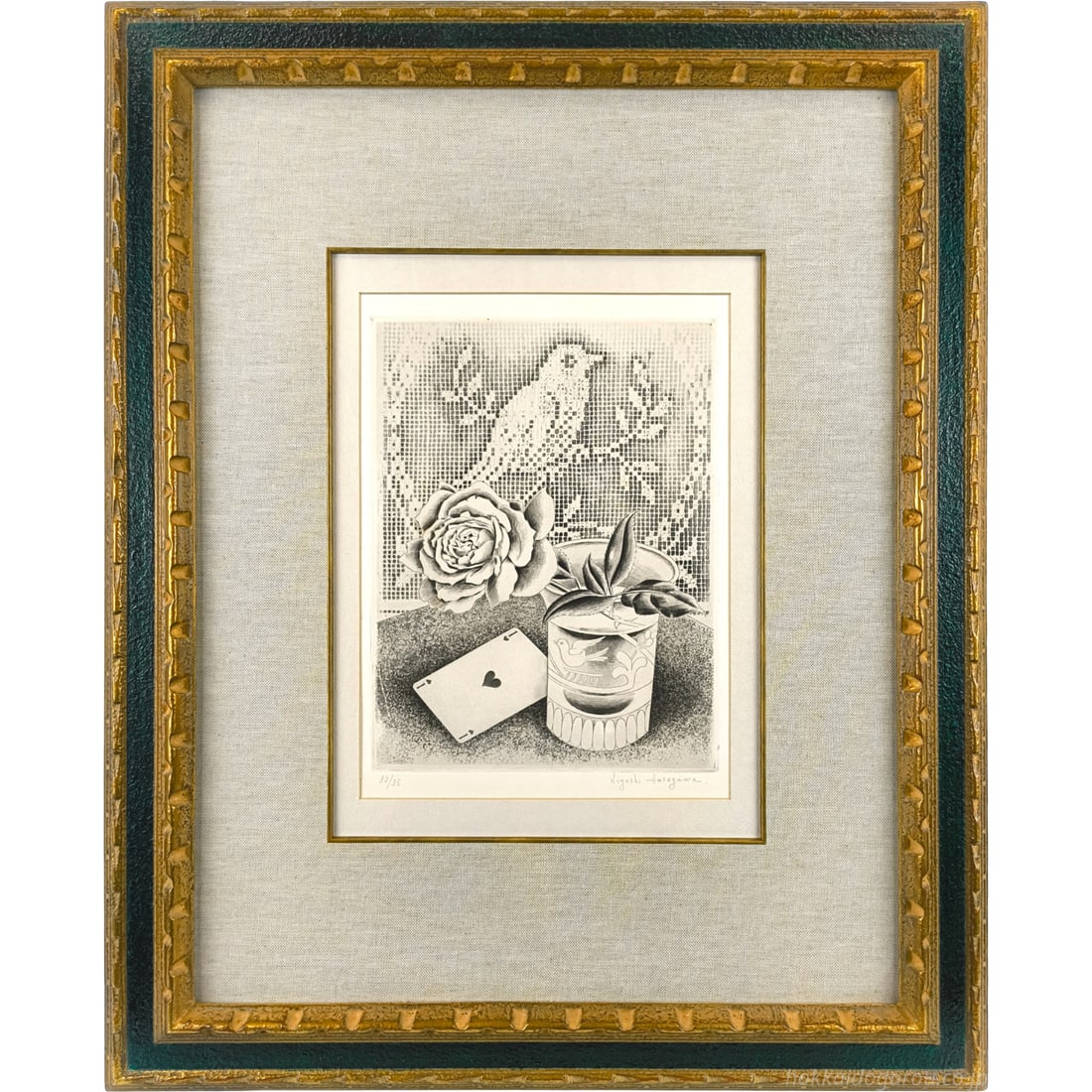 Hasegawa Kiyoshi, "Rose and Heart Shape 1", Etching Print: An artist influenced by Surrealism in Paris, who established a unique mezzotint printmaking technique. This still life painting embodies mystery with its serene black color. Created in 1932, limited e