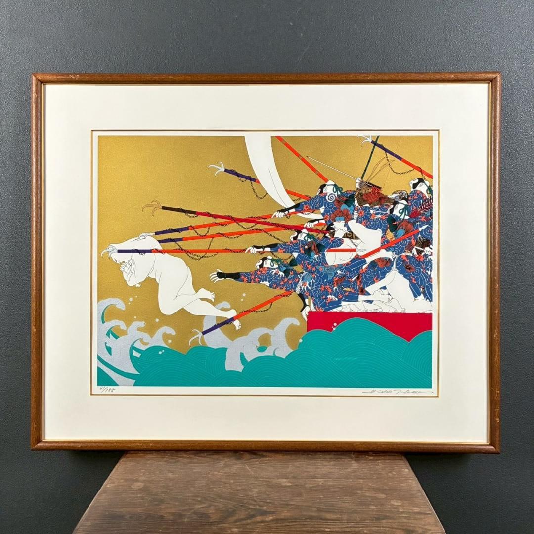 Takeda Hideo "Antoku Emperor's Drowning" Silkscreen Print, Hand-Signed, Genpei Series: Title: "Emperor Antoku's Drowning" From the 'Genpei' Series Artist: Takeda Hideo Technique: Silkscreen Print Accompanied by the artist's signature and edition number. Number 81 of a limited edition of