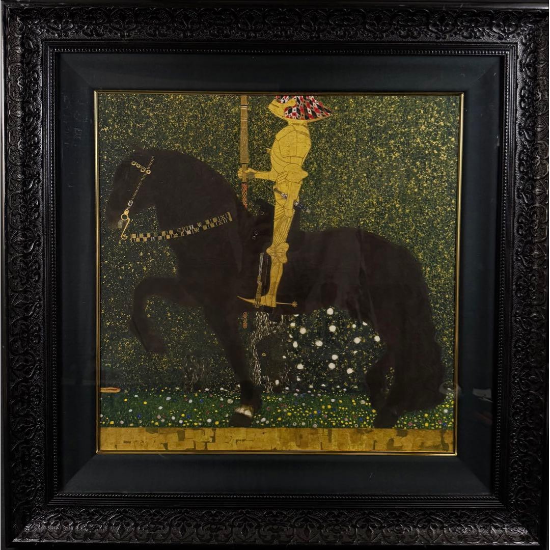 Gustav Klimt "Golden Knight" "Life is a Battle" Silkscreen Print: This is a work filled with golden radiance and decorative symbolism. The unique luxurious gold embellishments and intricate decorations characteristic of Gustav Klimt pervade the entire painting, stro
