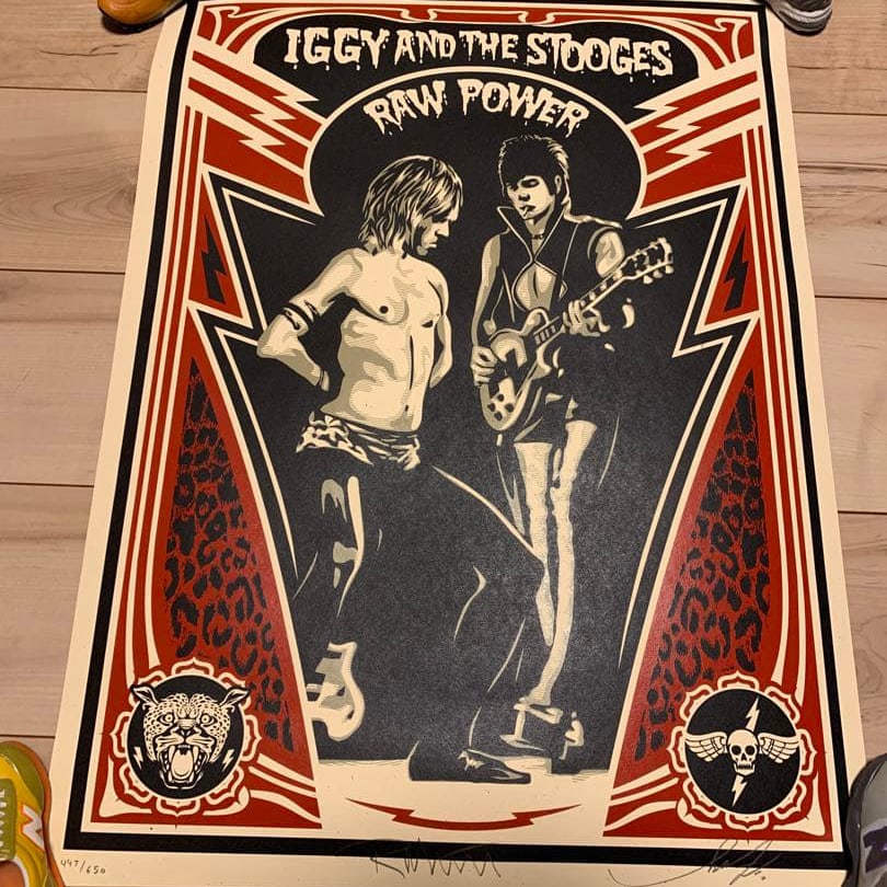 Limited edition of 650 prints, OBEY Shepard Fairey, Iggy Pop Raw Power, signed edition.: Limited edition of 650 copies: OBEY Shepherd Fairey Iggy Pop Raw Power screen print, signed edition. A photograph of Shepard Fairey with Iggy and The Stooges, signed by Robert Matheu. Dimensions appro