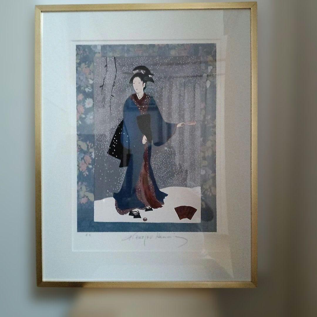 Fujiko Hemingu's woodblock print "The Posture of a Woman (Japanese Woman)": A woodblock print depicting the posture of a woman with a blue color scheme, created by A. Tuziko Hemming. The artwork is titled "Japanese Woman (Stockholm)" with dimensions of 457mm x 340mm. Artist N